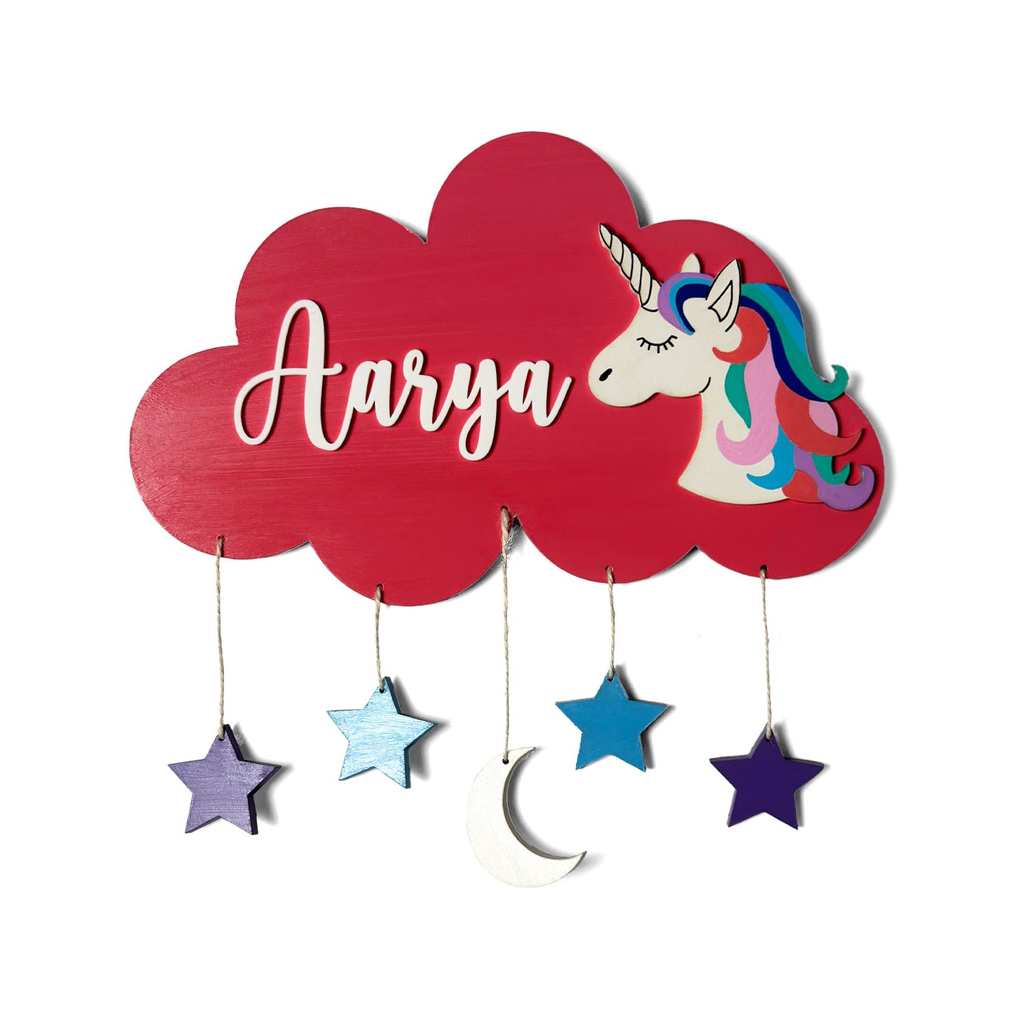 Cloud & Unicorn Themed Hand-Painted Wooden Kids Name Plate
