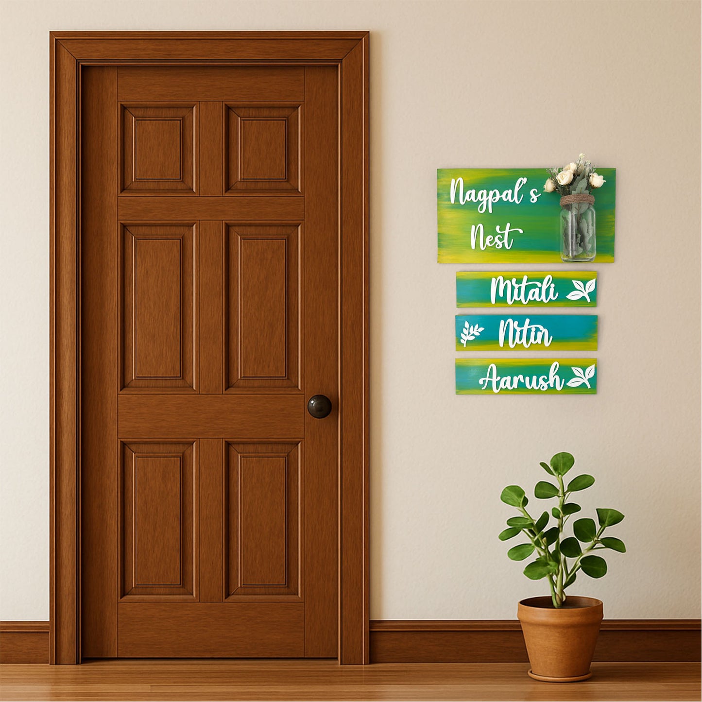 Hand-Painted Wooden Name Plate With Jar For Home - Jar Board & Three Planks