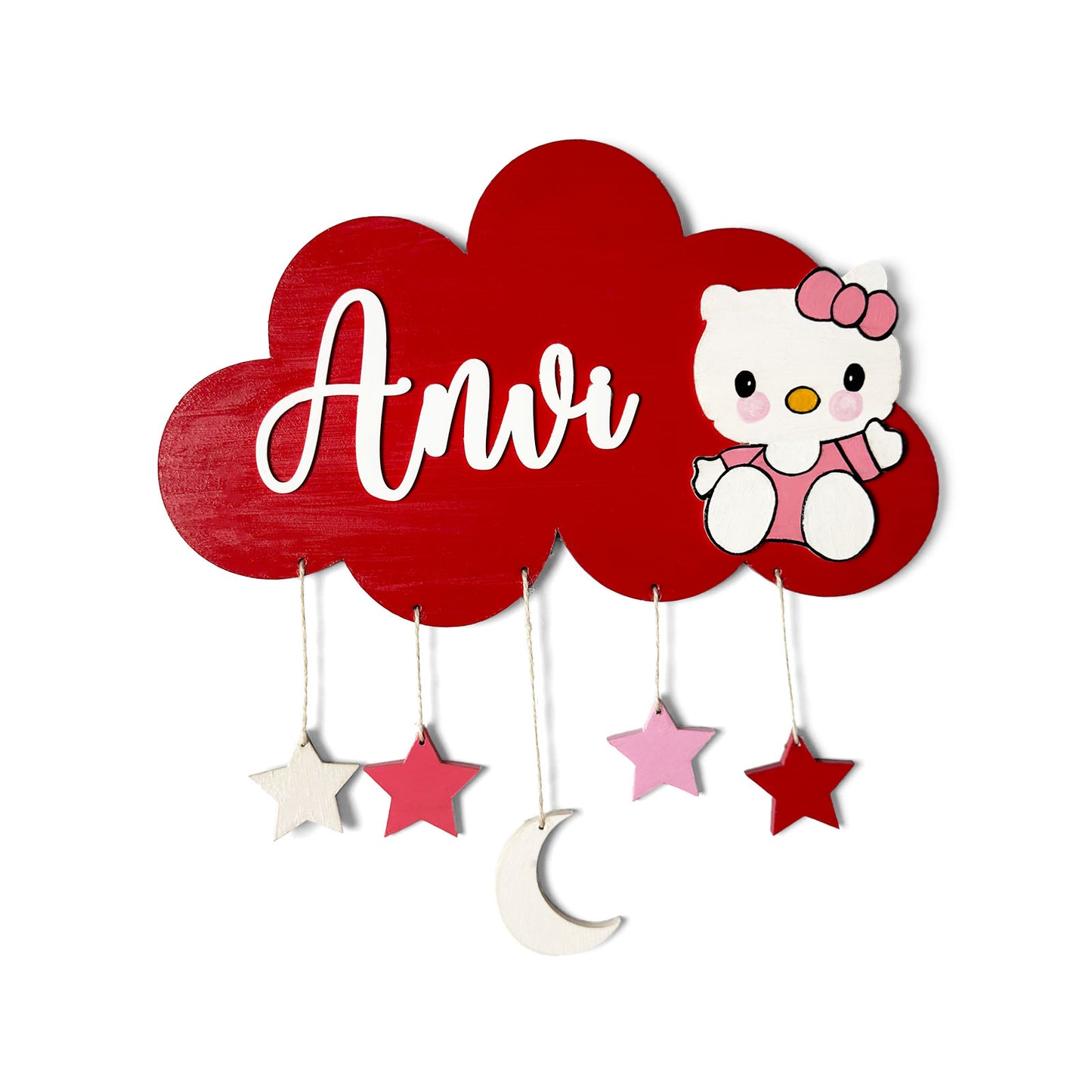 Cloud & Hello Kitty Themed Hand-Painted Wooden Kids Name Plate