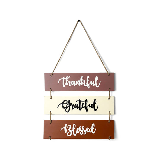 Thankful Grateful Blessed Hand-Painted Wooden Plank Wall Hanging