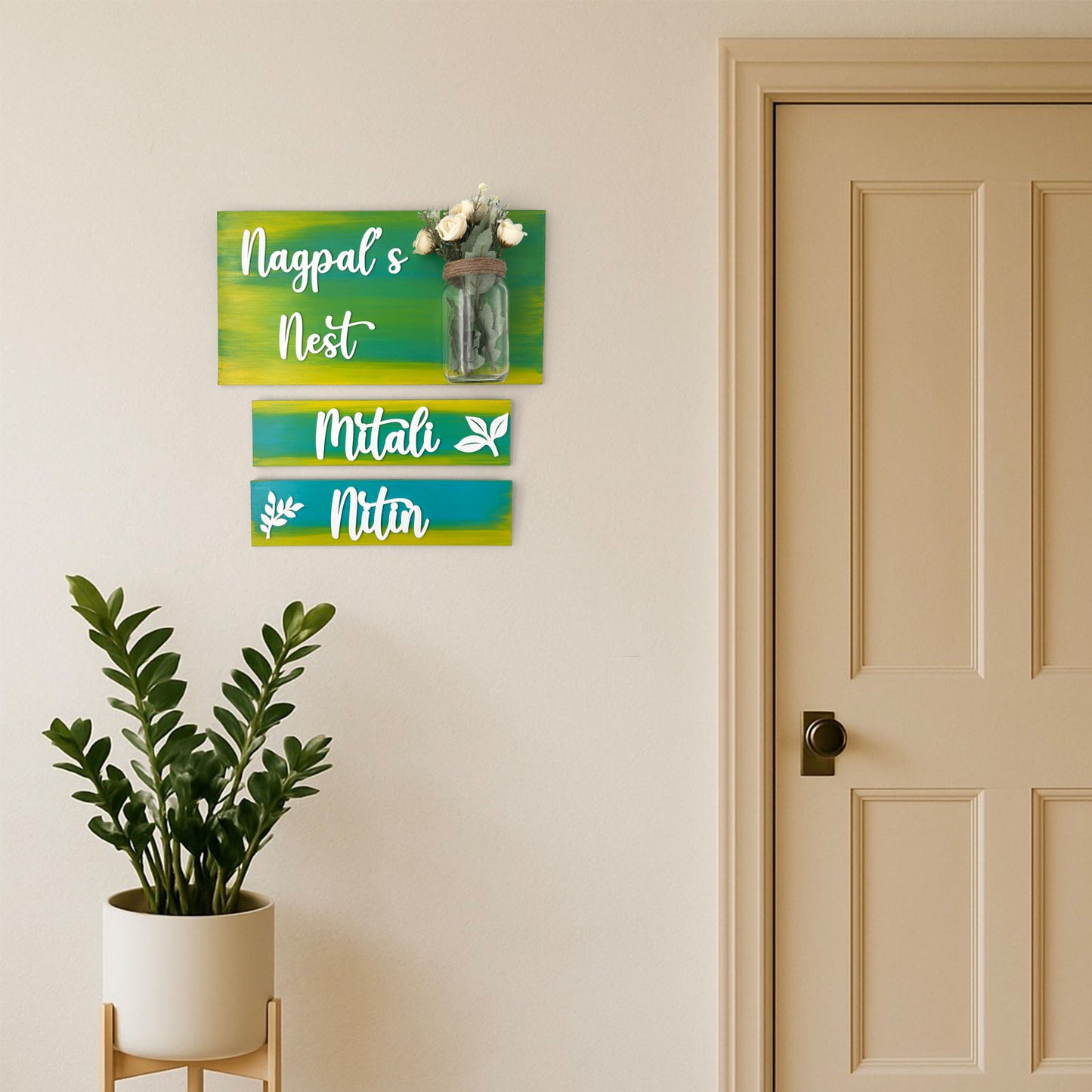 Hand-Painted Wooden Name Plate With Jar For Home - Jar Board & Two Planks