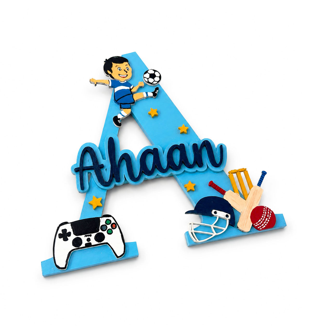 Sports Themed Layered Alphabet Initial Hand-Painted Wooden Kids Name Plate - Design 1
