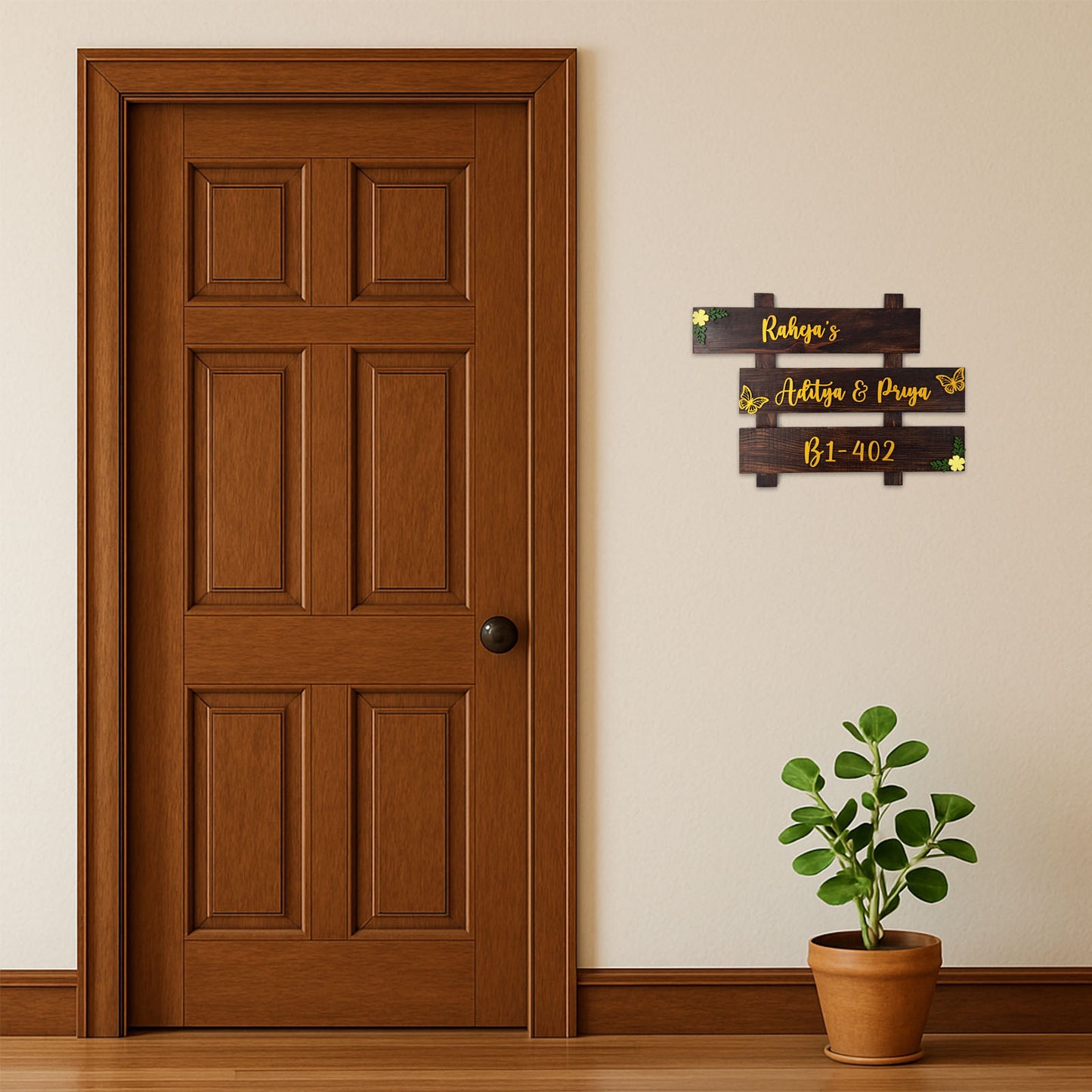 Butterfly & Flower Themed Hand-Painted Wooden Three Plank Name Plate For Home - Wooden Finish