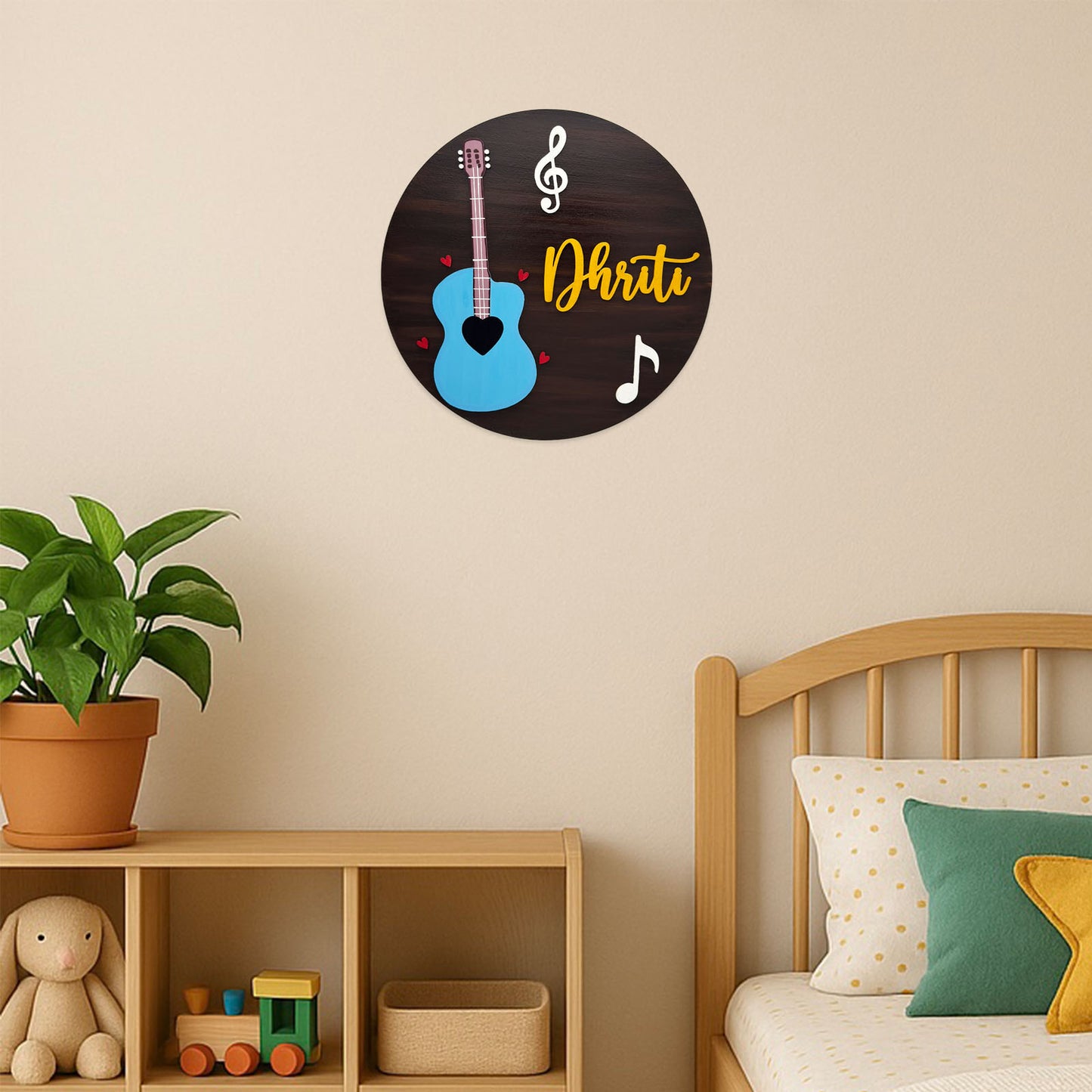 Guitar Themed Hand-Painted Wooden Kids Name Plate
