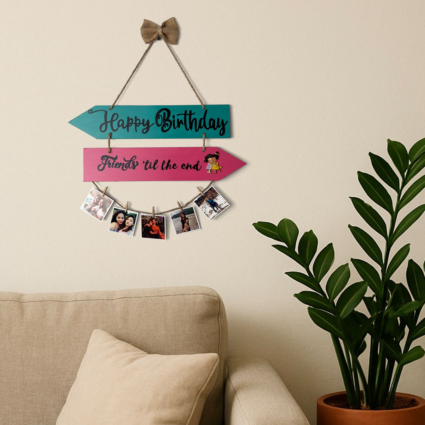 Happy Birthday  Friends Till The End Hand-Painted Wooden Photo Holder - Teal & Pink