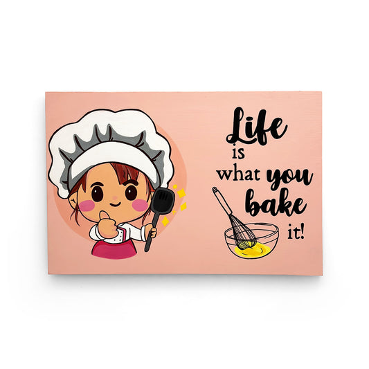 Life Is What You Bake It Hand-Painted Wooden Kitchen Wall Hanging - Pink