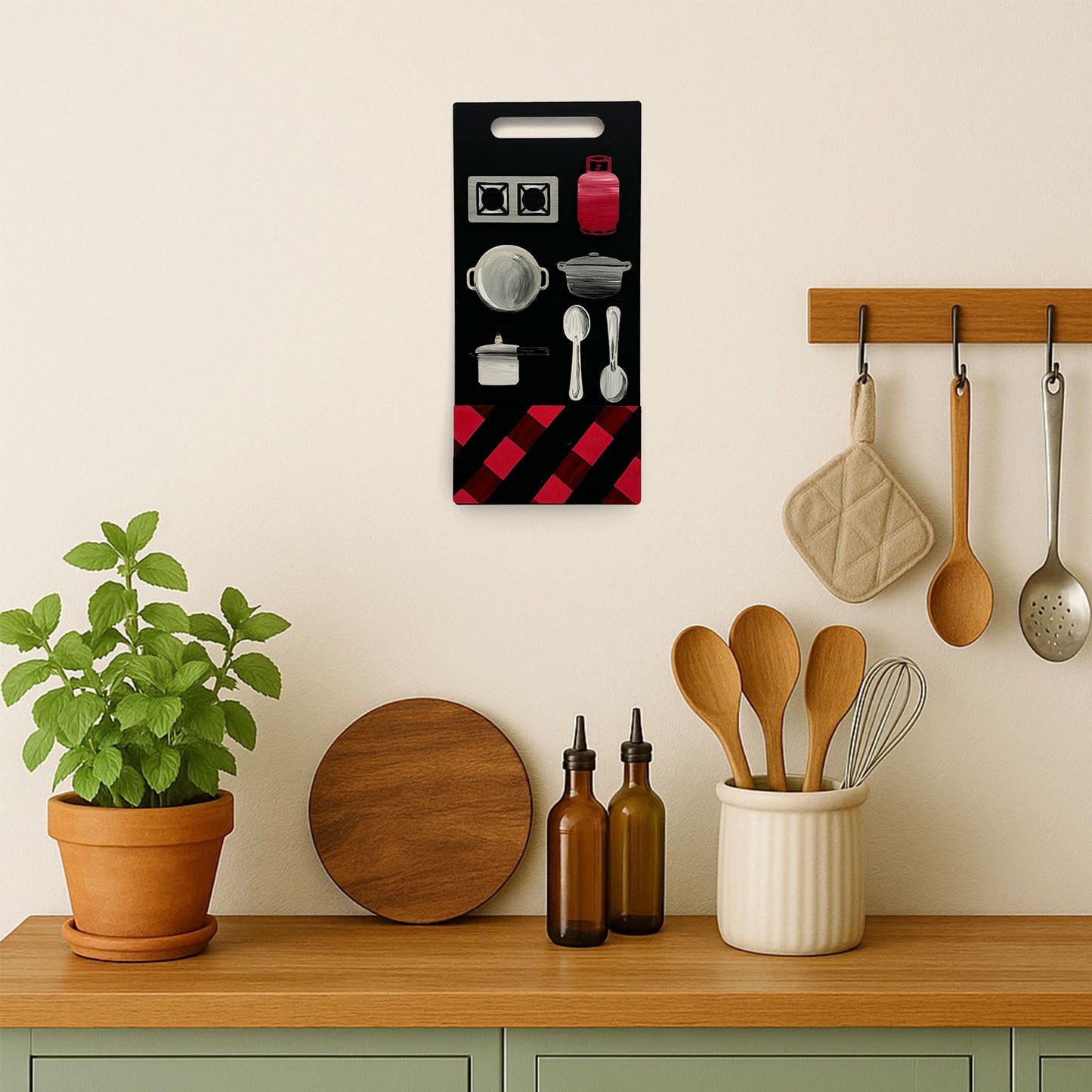 Hand-Painted Wooden Utensil Board Kitchen Wall Hanging