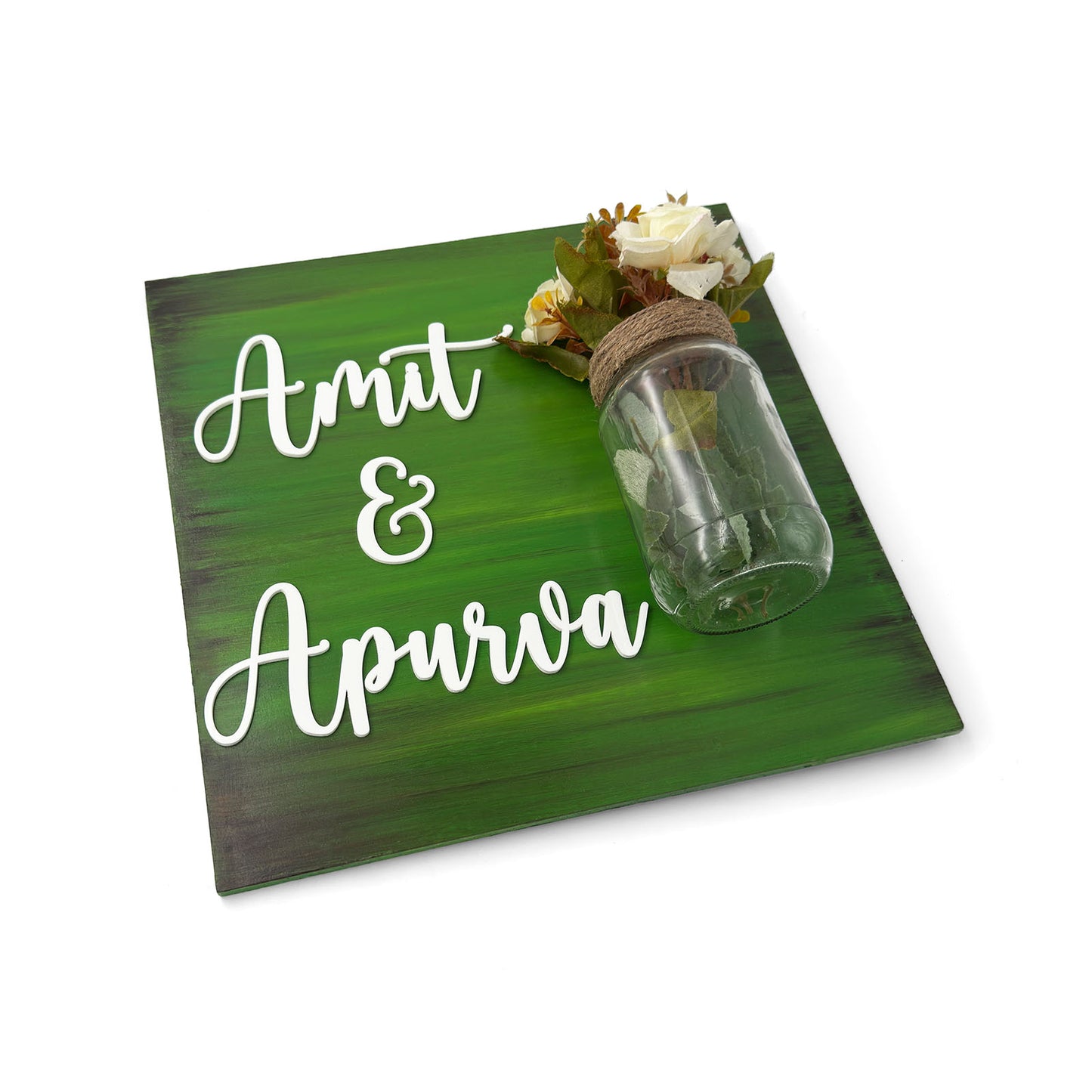 Green Hand-Painted Wooden Name Plate With Jar For Home - Only Jar Board