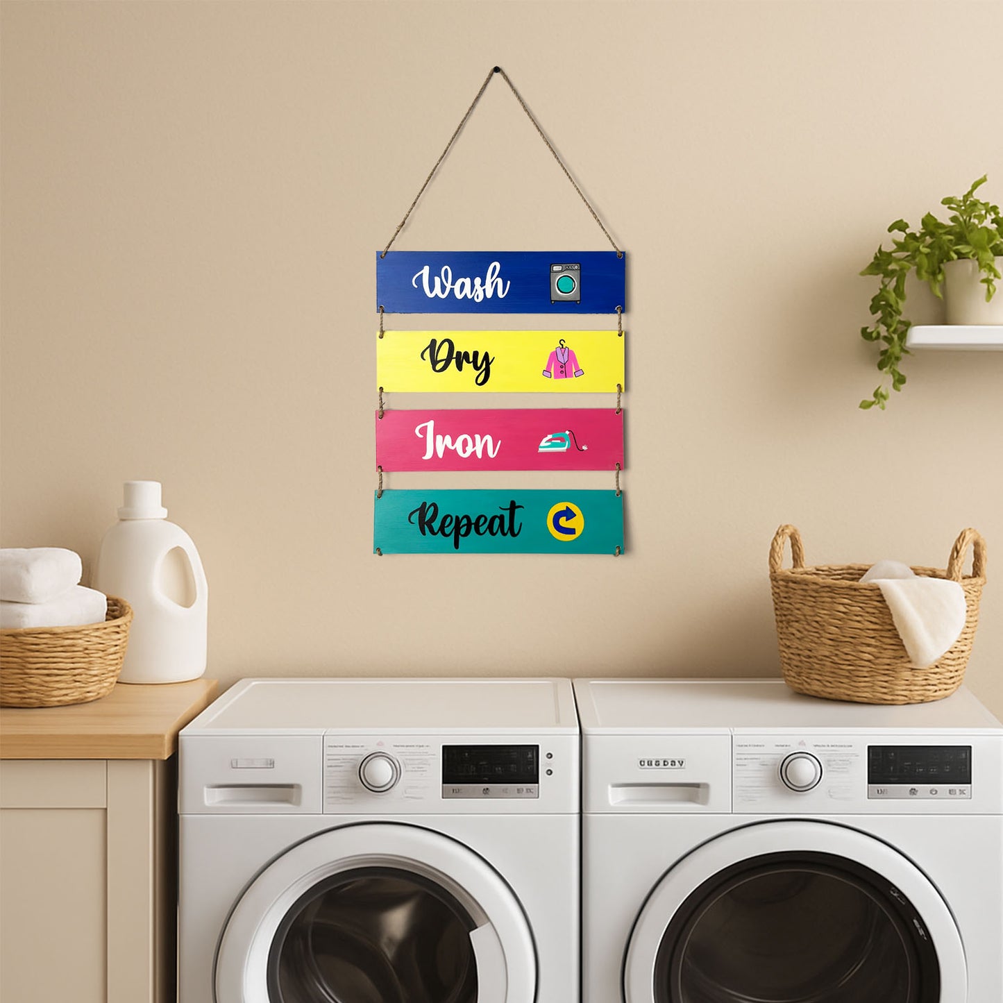 Wash Dry Iron Repeat Hand-Painted Wooden Plank Wall Hanging