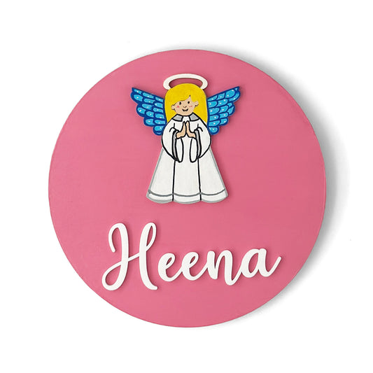 Angel Themed Hand-Painted Wooden Name Plate For Kids - Design 1