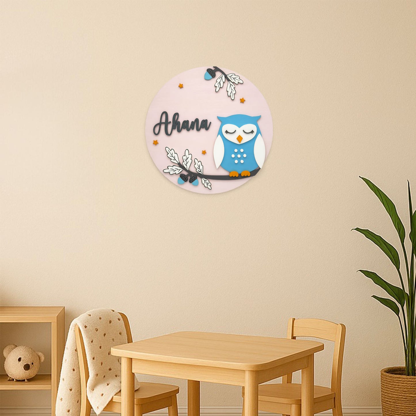 Owl Themed Hand-Painted Wooden Round Kids Name Plate
