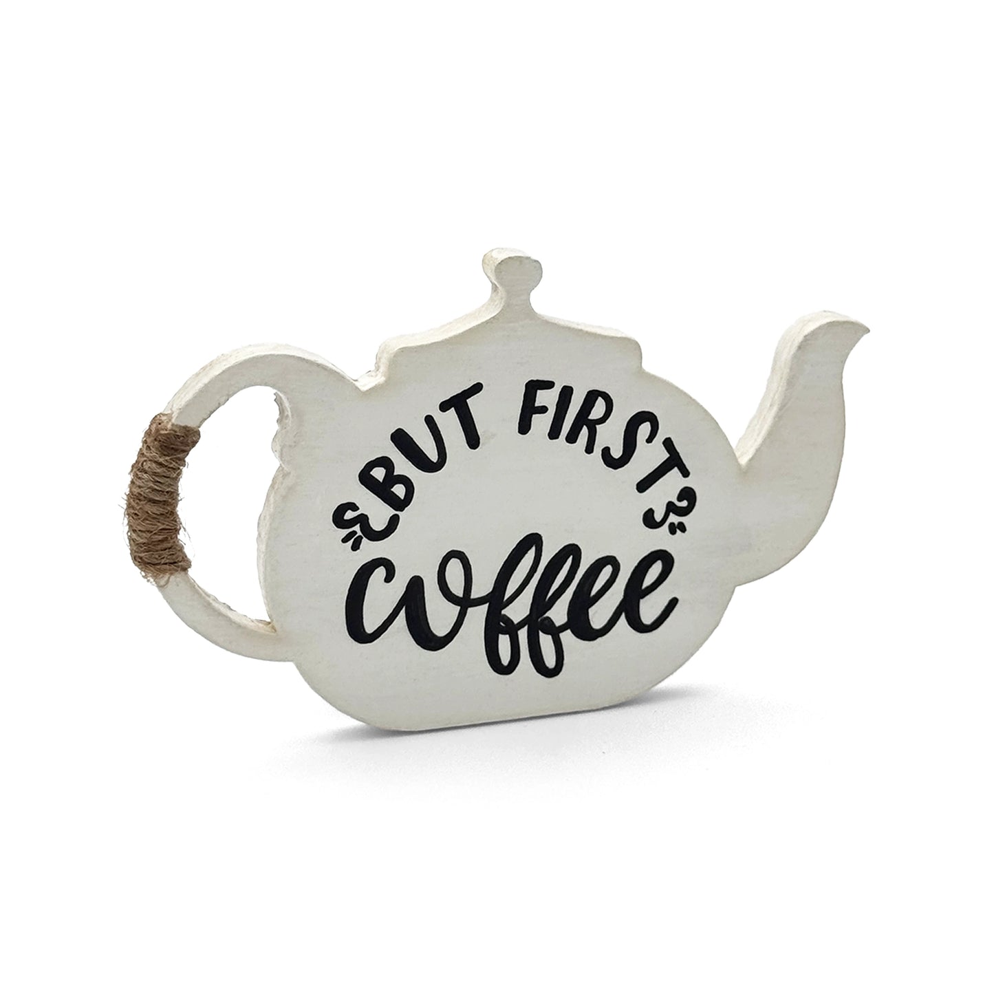 But First Coffee Hand-Painted Wooden Kettle Fridge Magnet - White