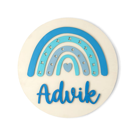 Rainbow Themed Hand-Painted Wooden Round Kids Name Plate - Design 3