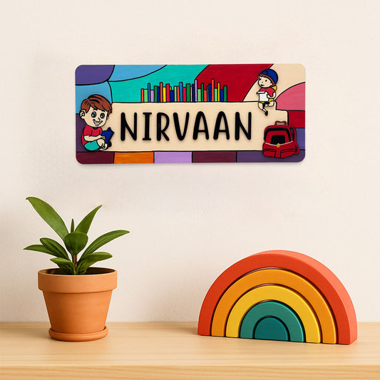 Boy Reading Book Hand-Painted Wooden Kids Name Plate