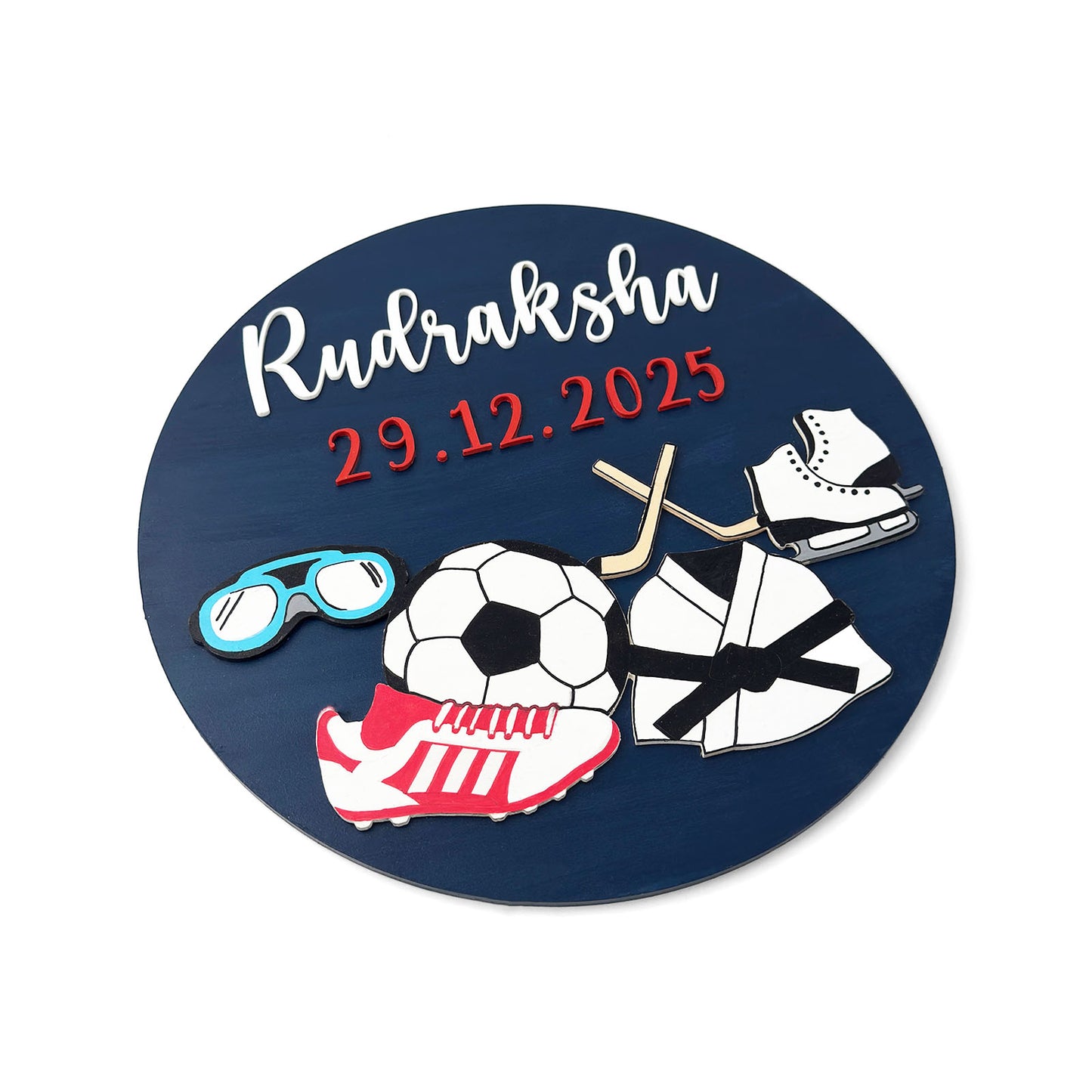 Sports Themed Hand-Painted Wooden Round Kids Name Plate - Design 1