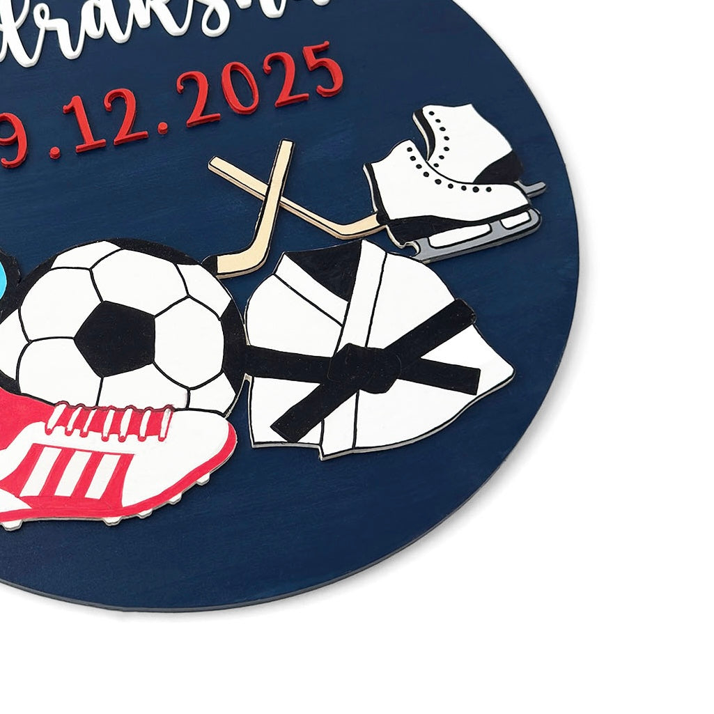 Sports Themed Hand-Painted Wooden Round Kids Name Plate - Design 1