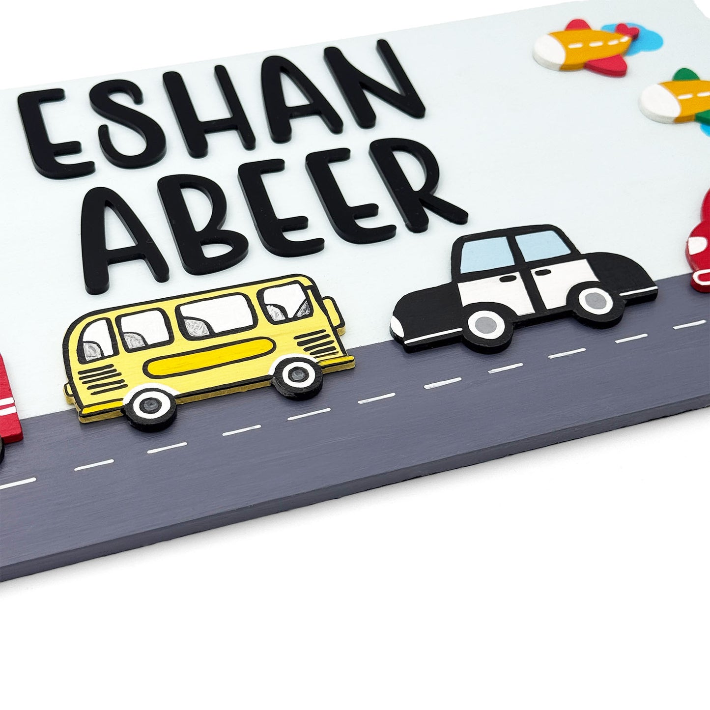 Vehicles Themed Hand-Painted Wooden Kids Name Plate - Light Blue