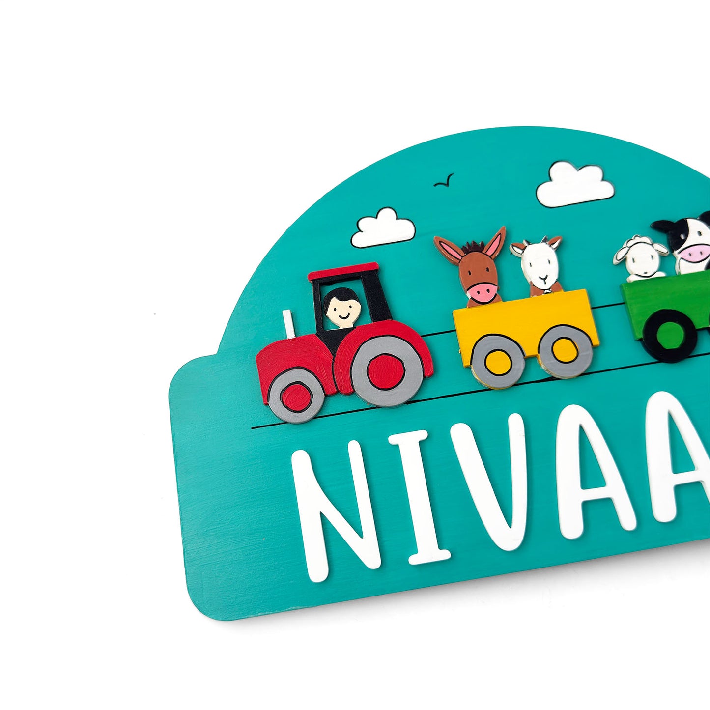 Farm Animals Themed Hand-Painted Wooden Arch-Shaped Kids Name Plate