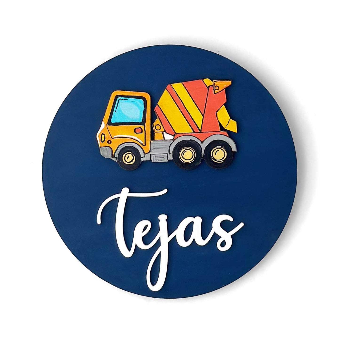 Cement Mixer Themed Hand-Painted Wooden Name Plate For Kids