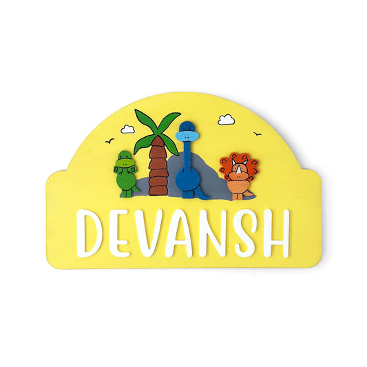 Dinosaur Themed Hand-Painted Wooden Arch-Shaped Kids Name Plate
