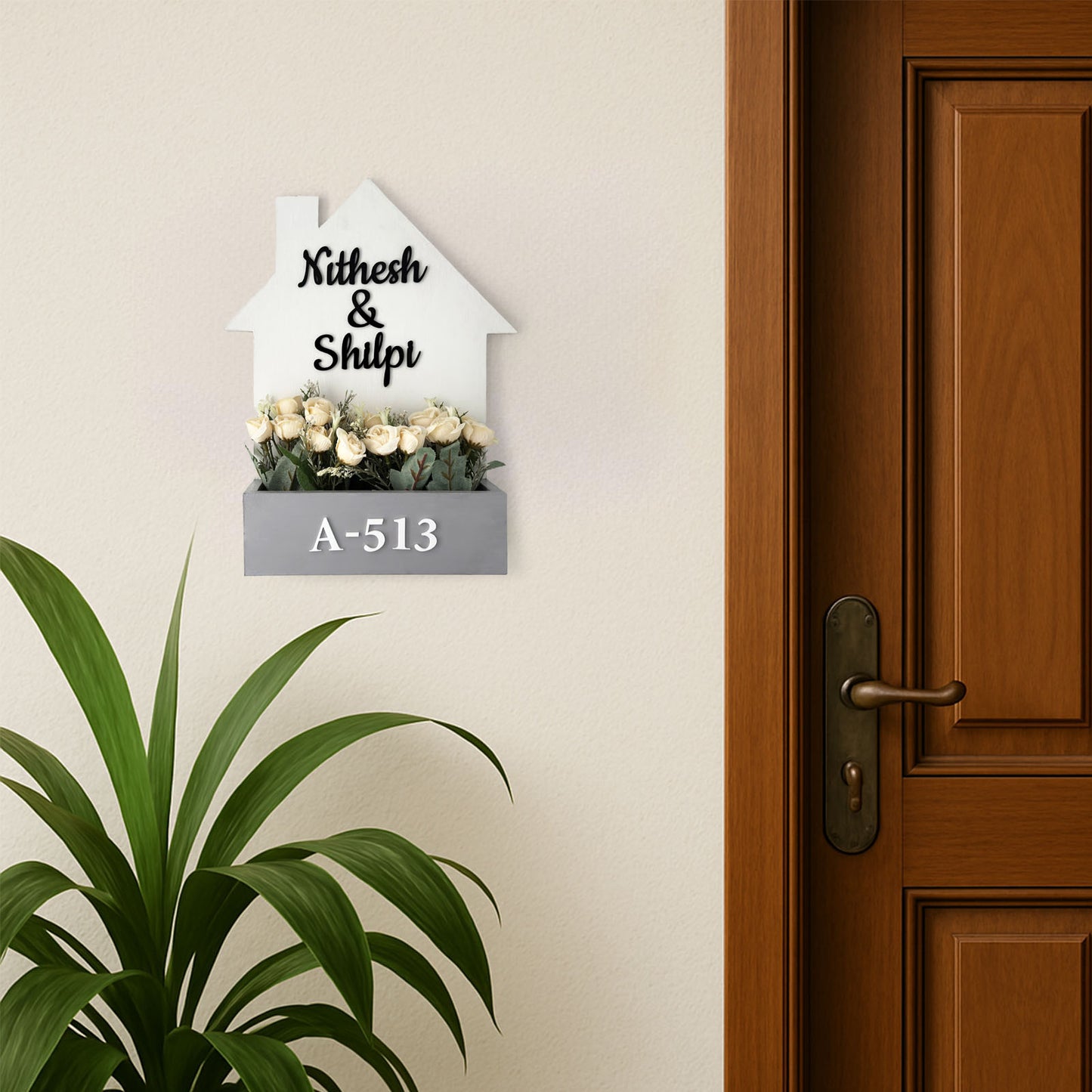 Hut-Shaped Hand-Painted Wooden Planter Name Plate For Home - White & Grey