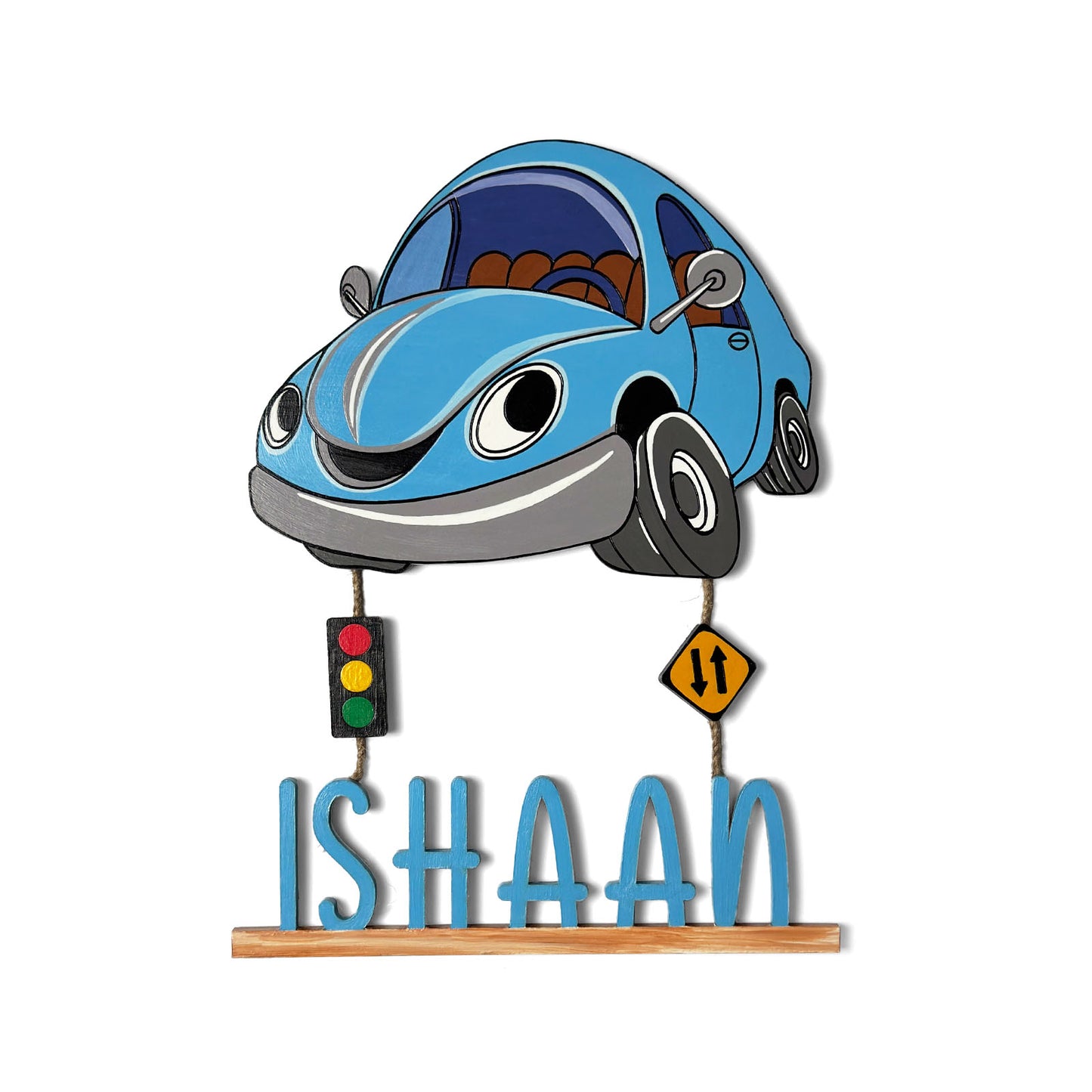 Car Themed Hand-Painted Wooden Kids Name Plate
