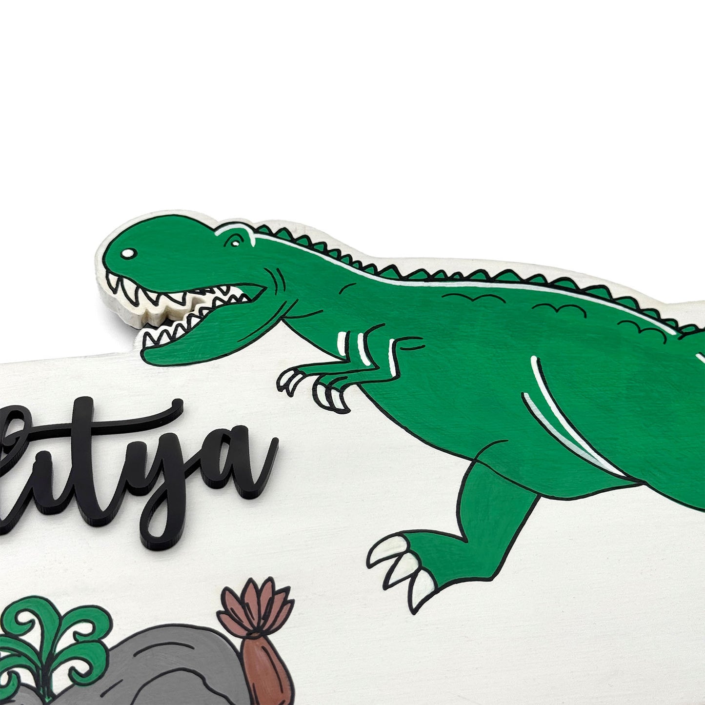 Dinosaur Themed Hand-Painted Wooden Kids Name Plate - White