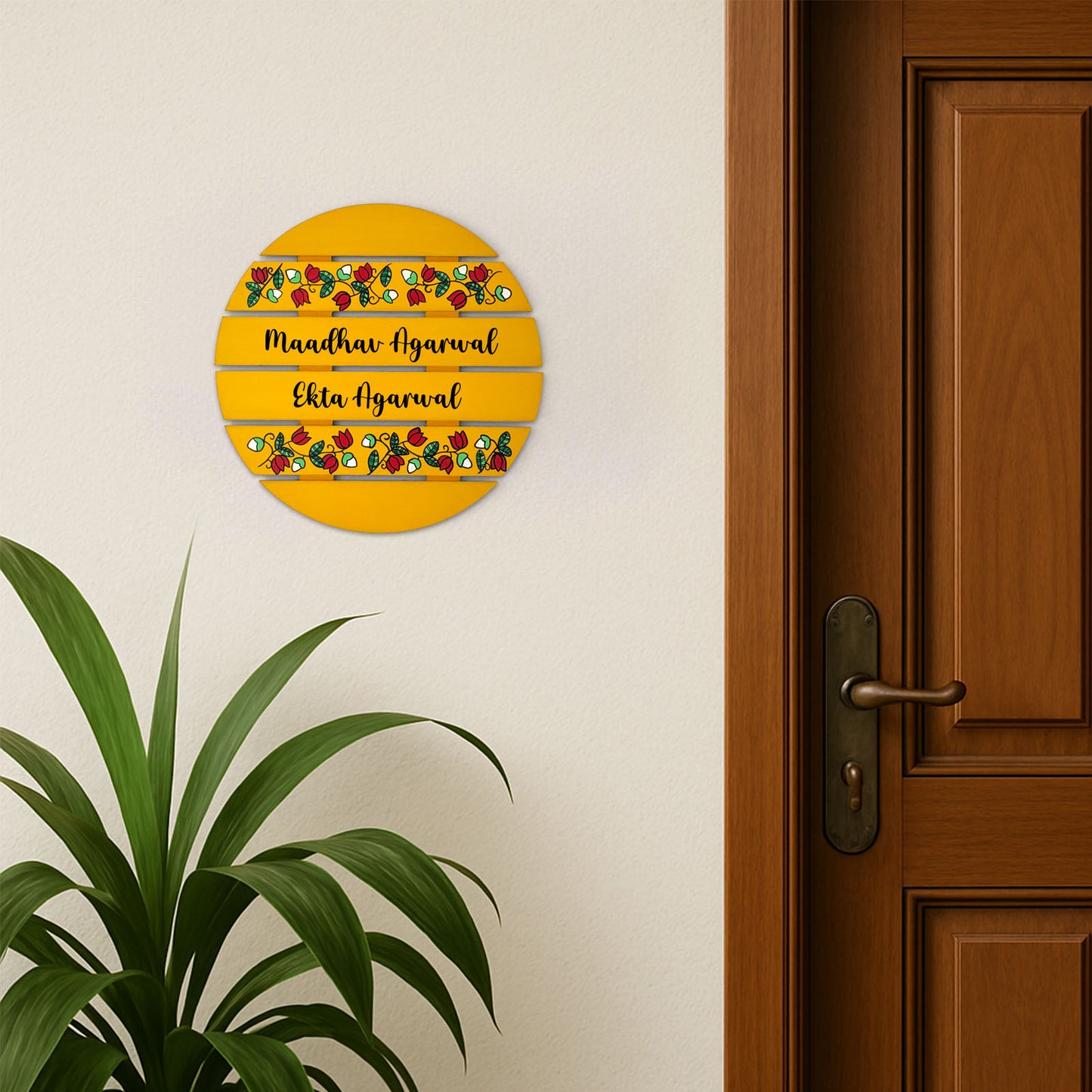 Lotus Creeper Artwork Hand-Painted Wooden Madhubani Round Name Plate For Home