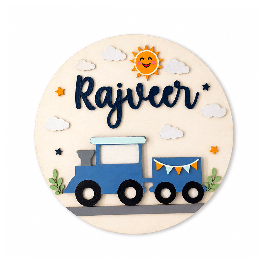 Train Themed Hand-Painted Wooden Round Kids Name Plate - Design 1