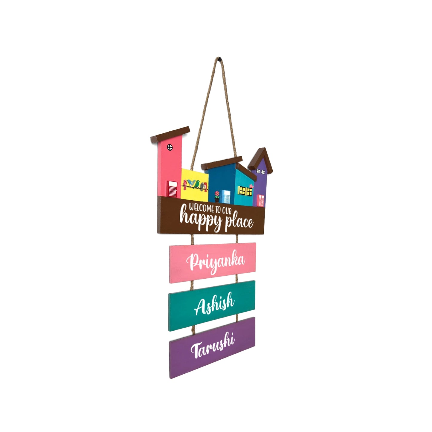 Hut-Shaped Hand-Painted Wooden Name Plate For Home - Hut Board & Three Planks Design 6