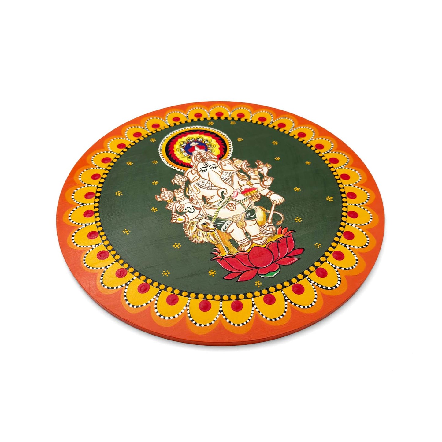Ganpati Ji Hand-Painted Wooden Mandala Wall Hanging - Green