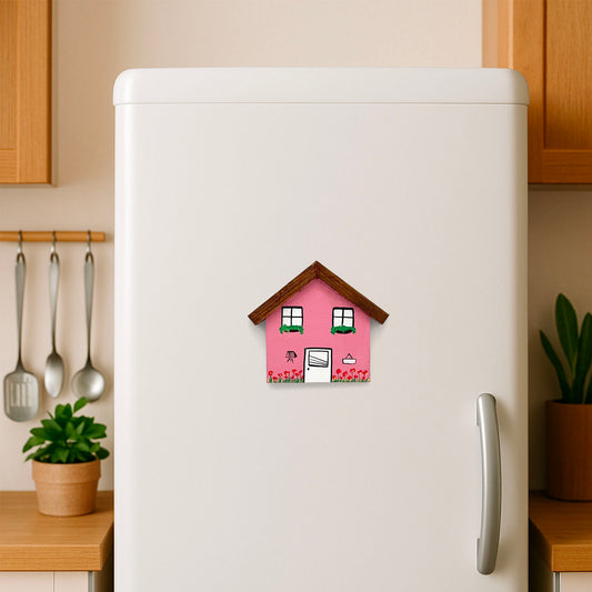 Hand-Painted Wooden Mini Hut Fridge Magnet - Pink