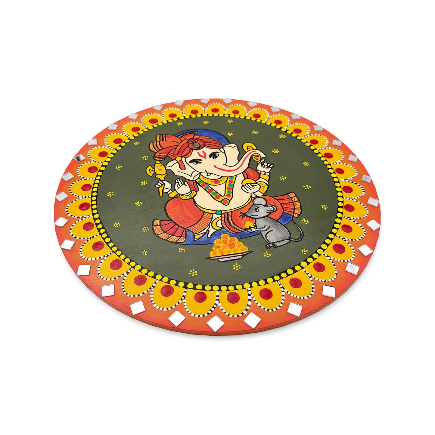 Ganesha Hand-Painted Wooden Mandala Wall Hanging - Green