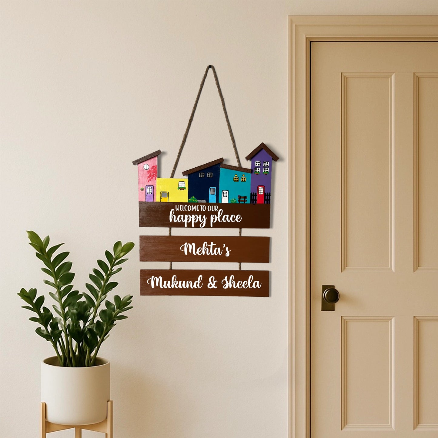 Hut-Shaped Hand-Painted Wooden Name Plate For Home - Hut Board & Two Planks Design 3