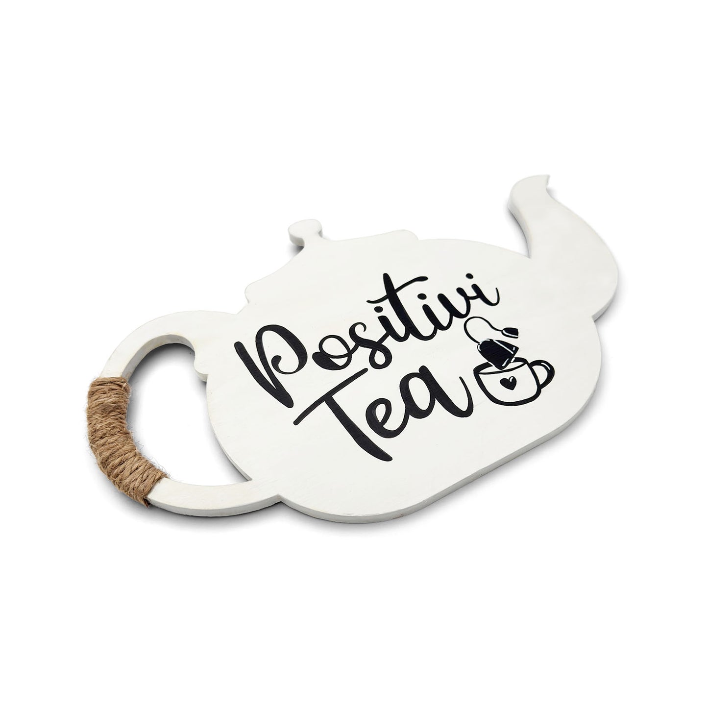Positivi-Tea Hand-Painted Wooden Kettle Kitchen Wall Hanging - White