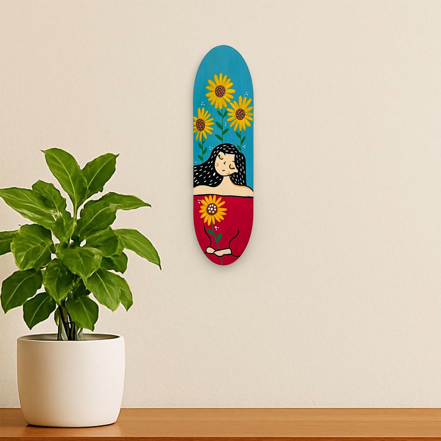 Girl With Flowers Hand-Painted Wooden Oval Wall Hanging