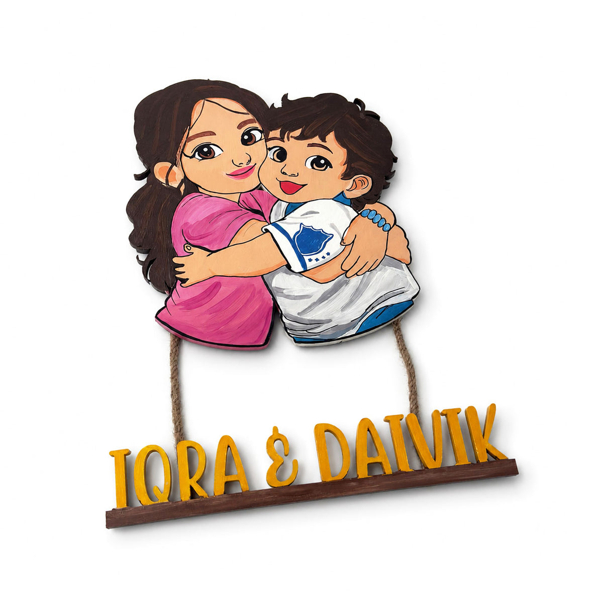 Siblings Brother Sister Themed Hand-Painted Wooden Kids Name Plate - Design 2