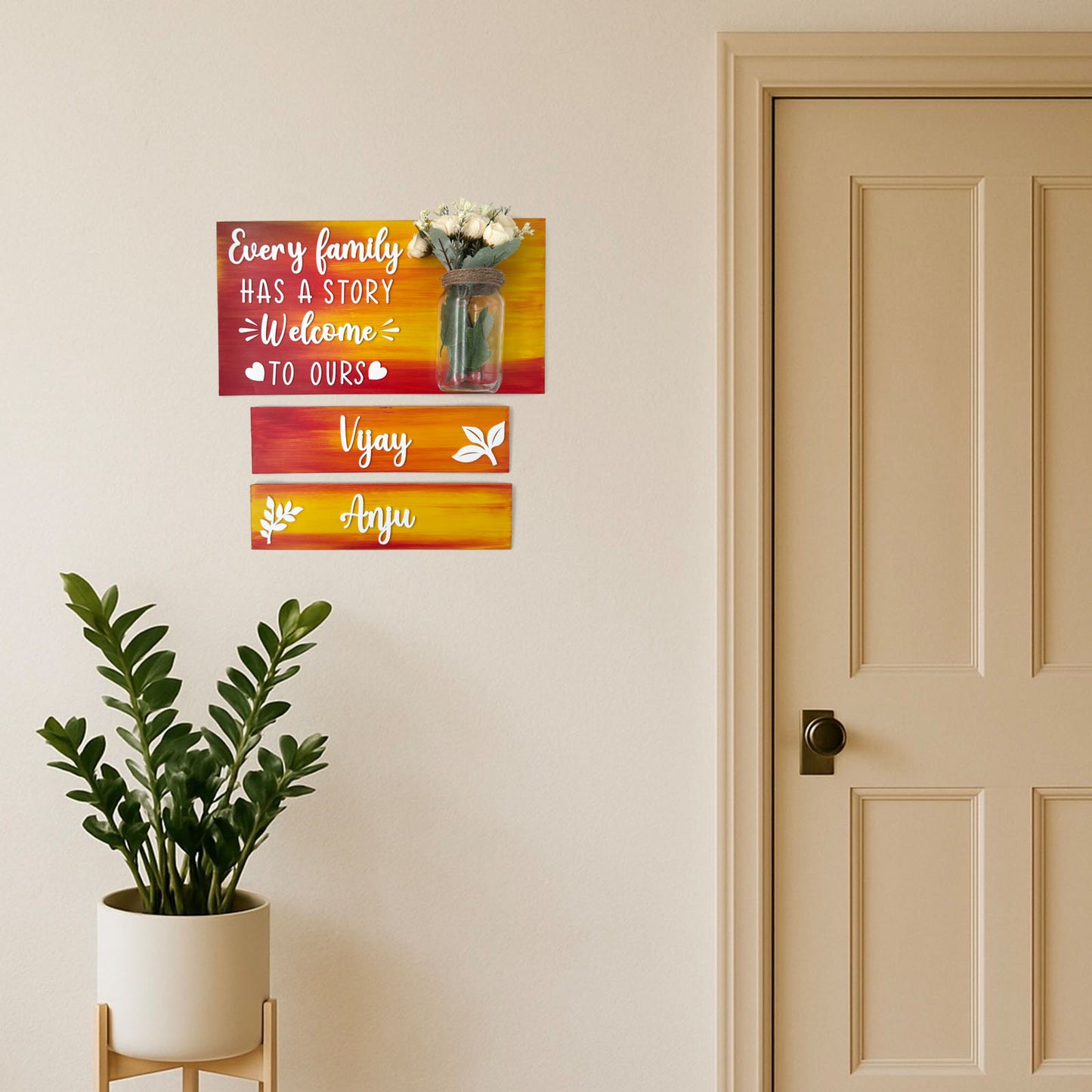 Every Family Has A Story Welcome To Ours Hand-Painted Wooden Name Plate With Jar For Home - Jar Board & Two Planks