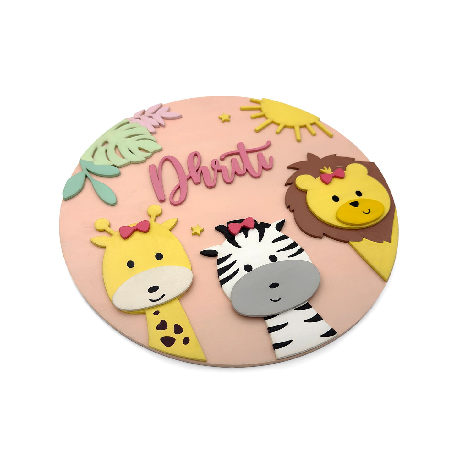 Animal Themed Hand-Painted Wooden Round Kids Name Plate - Design 1