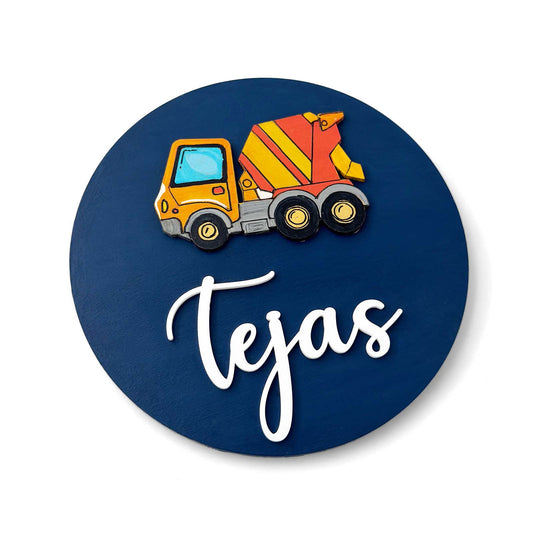 Cement Mixer Themed Hand-Painted Wooden Name Plate For Kids