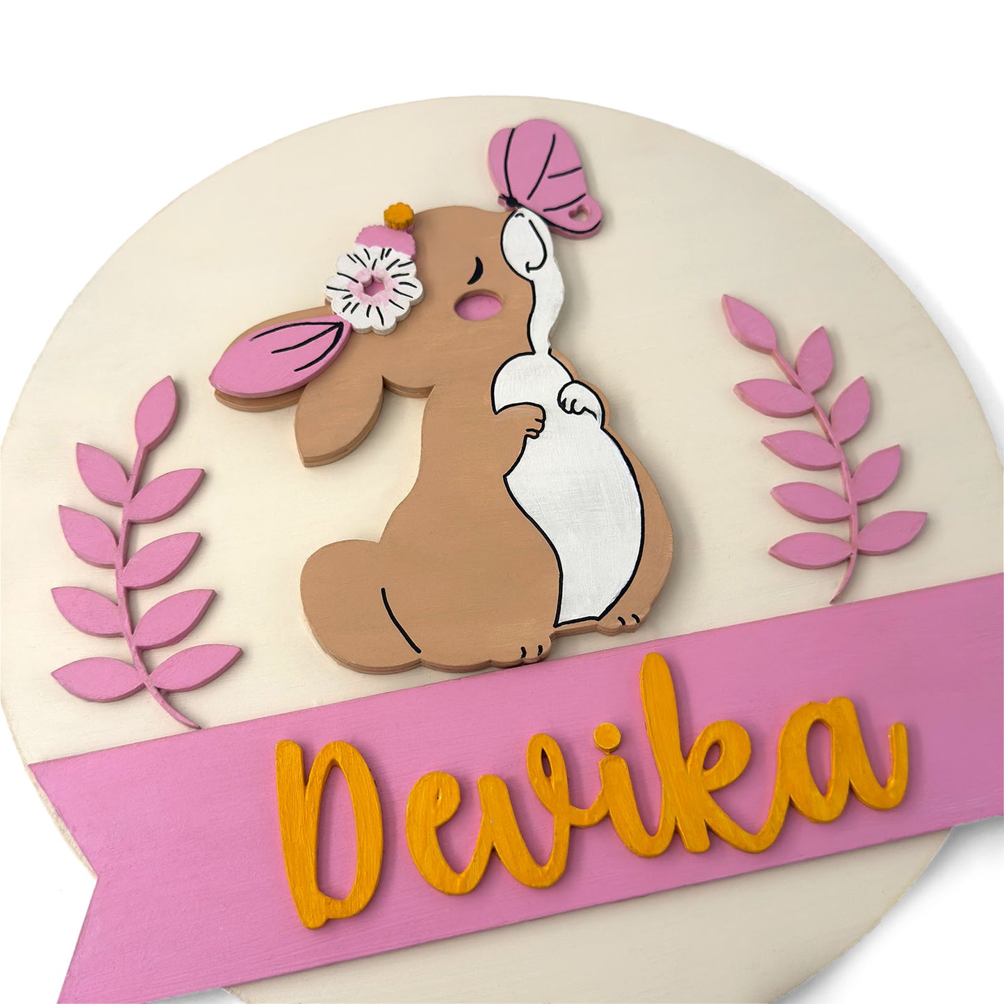 Rabbit Themed Hand-Painted Wooden Round Kids Name Plate - Design 1