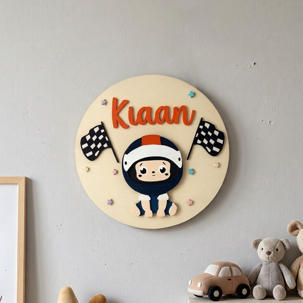 Little Car Racer Themed Hand-Painted Wooden Round Kids Name Plate - Design 1