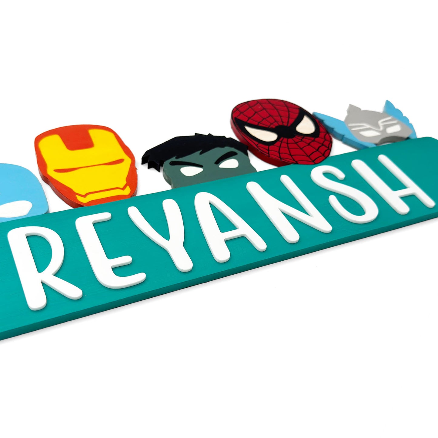 Avengers Themed Hand-Painted Wooden Kids Name Plate - Teal