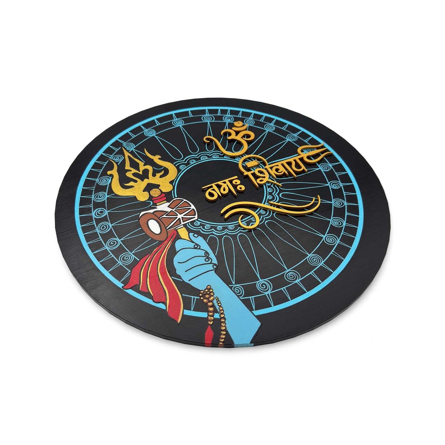 Om Namah Shivaya Hand-Painted Wooden Round Wall Hanging With Shiva Trishul - Blue