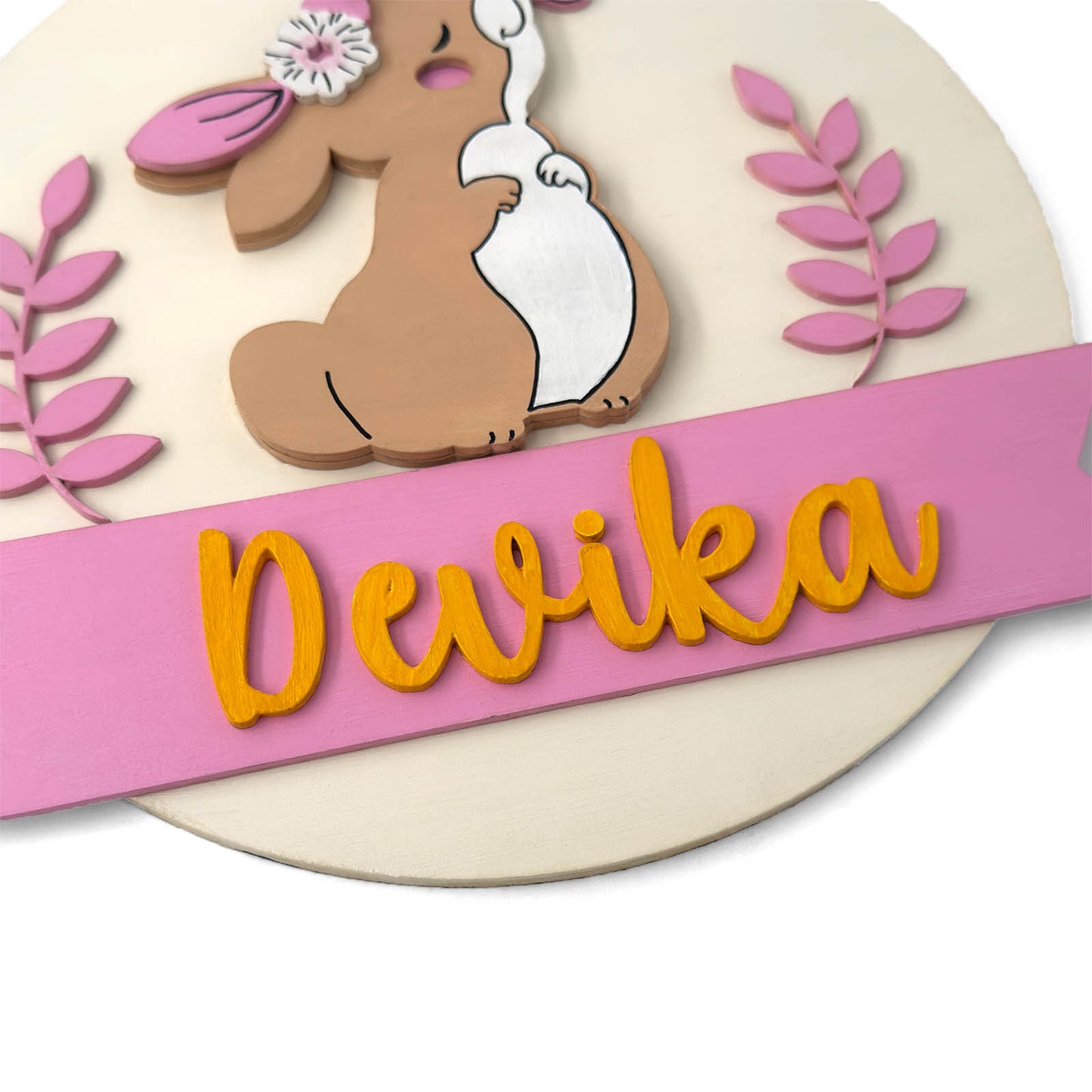 Rabbit Themed Hand-Painted Wooden Round Kids Name Plate - Design 1