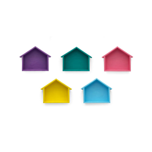 Hut Shaped Hand-Painted Wooden Wall Shelf Combo Of Five - Blue, Pink, Yellow, Teal, & Purple