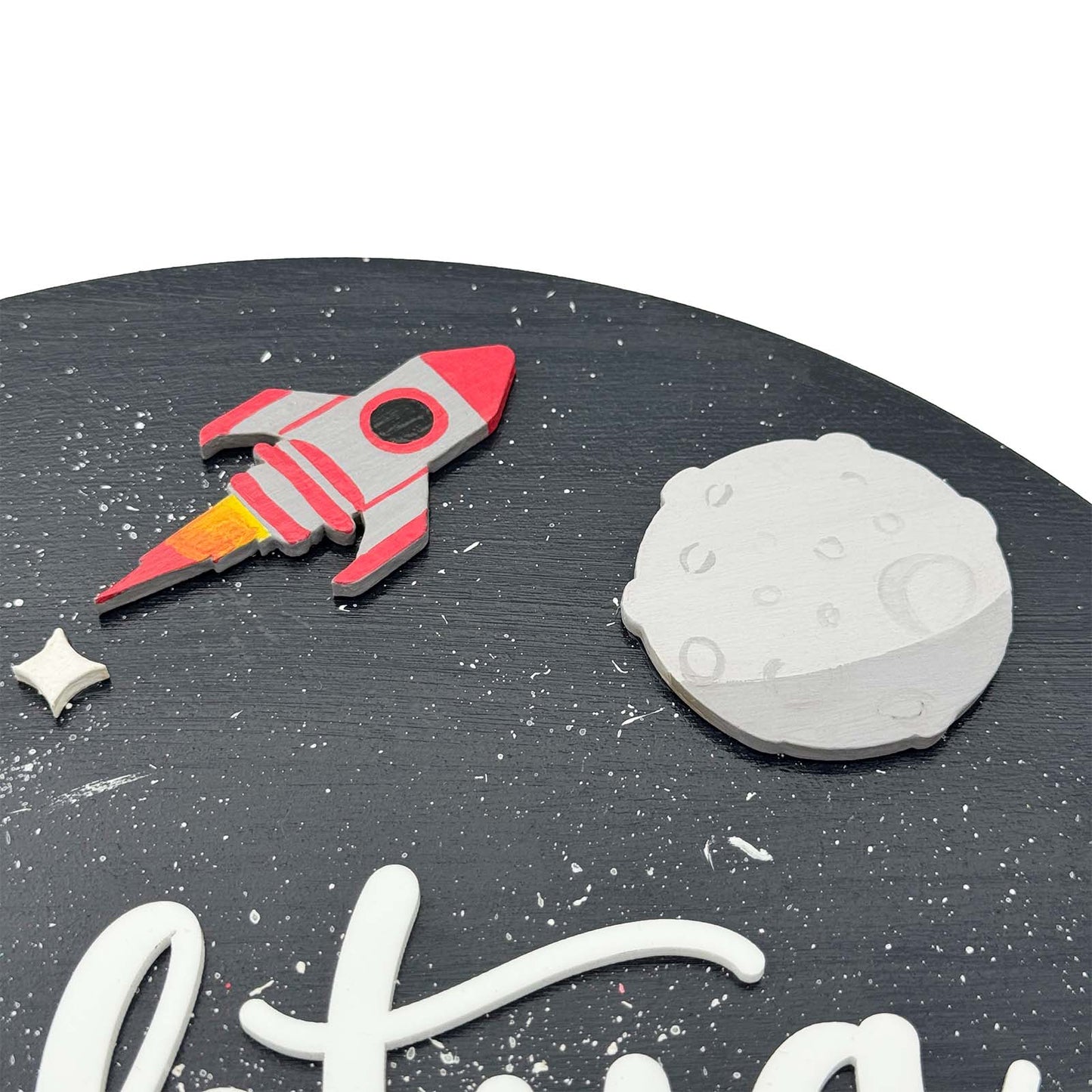 Space Themed Hand-Painted Wooden Round Kids Name Plate - Design 1
