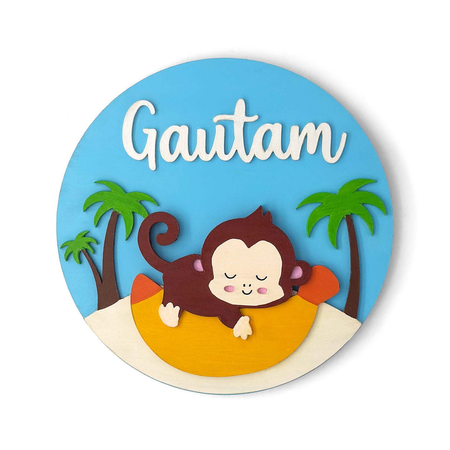 Monkey Themed Hand-Painted Wooden Round Kids Name Plate - Design 1