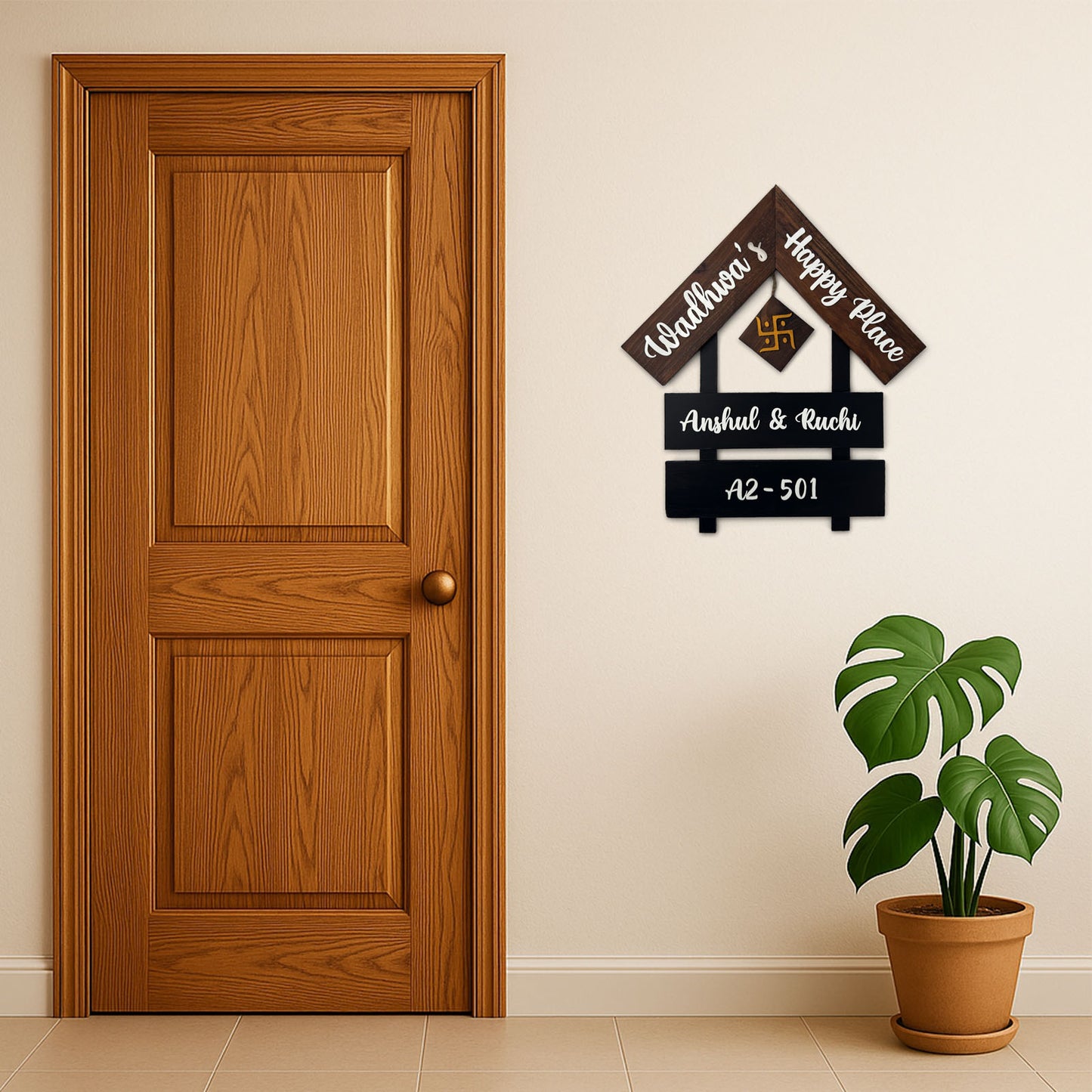 House With Roof And Double Plank Hand-Painted Wooden Hut-Shaped Name Plate For Home - Black & Wooden Finish
