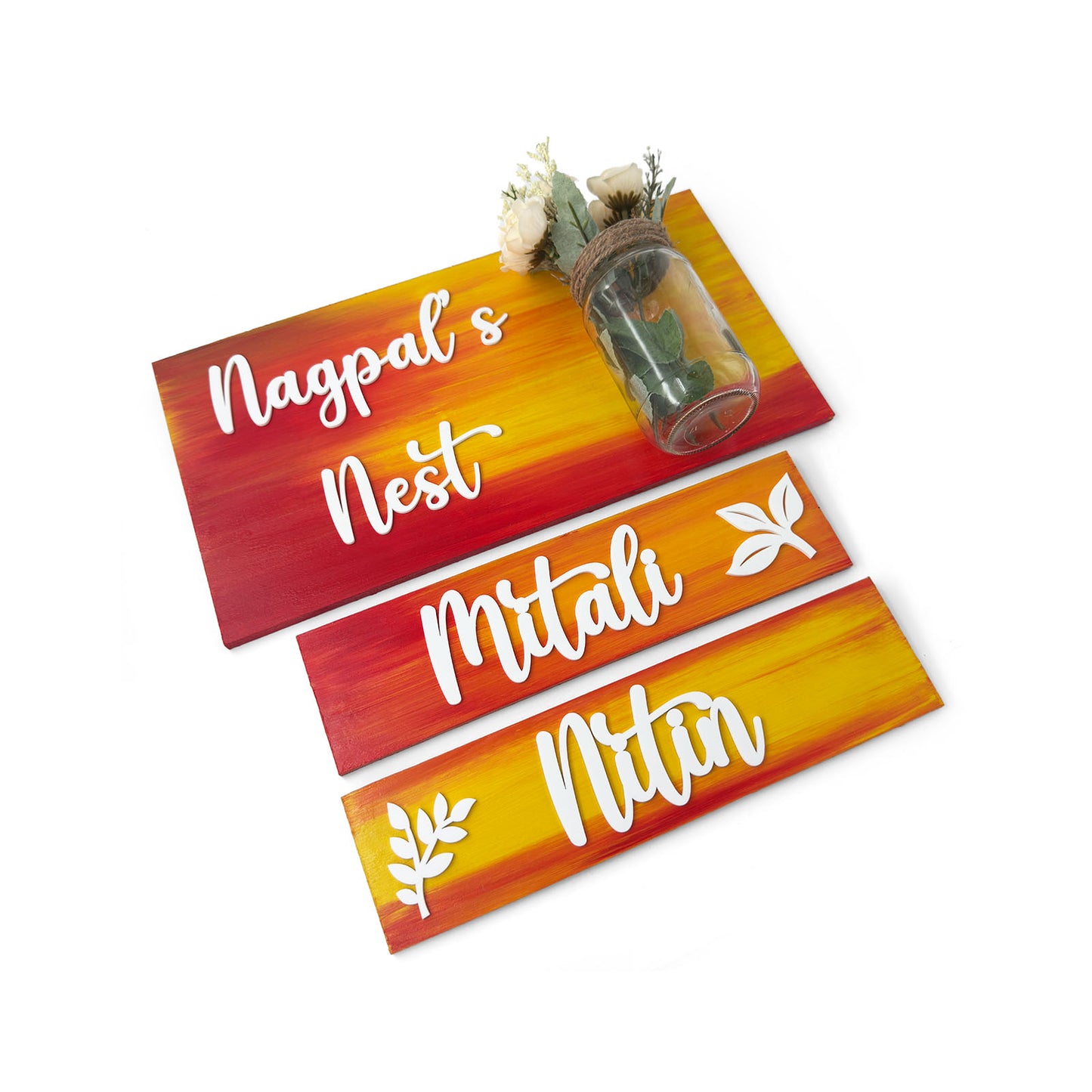 Hand-Painted Wooden Name Plate With Jar For Home - Jar Board & Two Planks